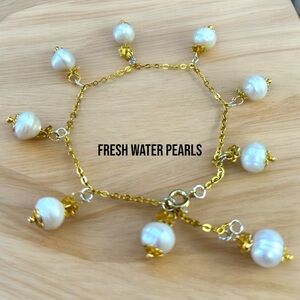 232  Gold and White Fresh Water Pearl Charm Bracelet